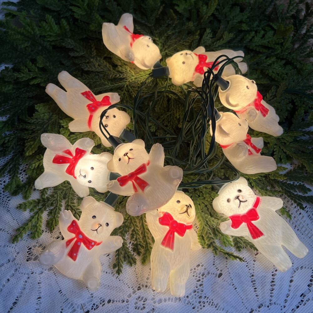Vintage Blow Mold Indoor Outdoor Lights White Bear Red Bow Plastic String of 10